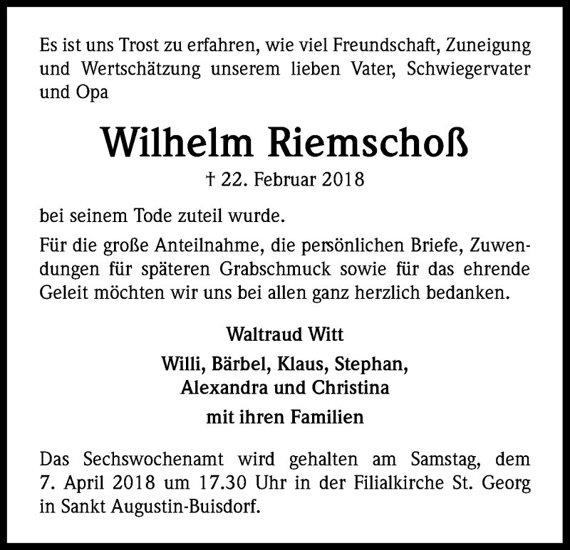  Traueranzeige für Wilhelm Riemschoß vom 24.03.2018 aus Kölner Stadt-Anzeiger / Kölnische Rundschau / Express