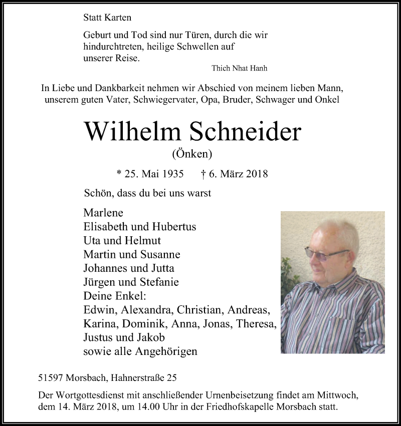  Traueranzeige für Wilhelm Schneider vom 09.03.2018 aus Kölner Stadt-Anzeiger / Kölnische Rundschau / Express