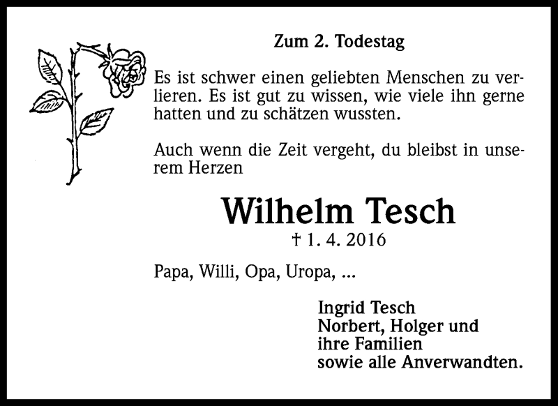  Traueranzeige für Wilhelm Tesch vom 31.03.2018 aus Kölner Stadt-Anzeiger / Kölnische Rundschau / Express