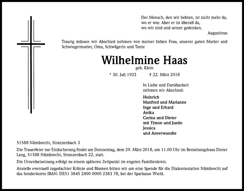  Traueranzeige für Wilhelmine Haas vom 27.03.2018 aus Kölner Stadt-Anzeiger / Kölnische Rundschau / Express