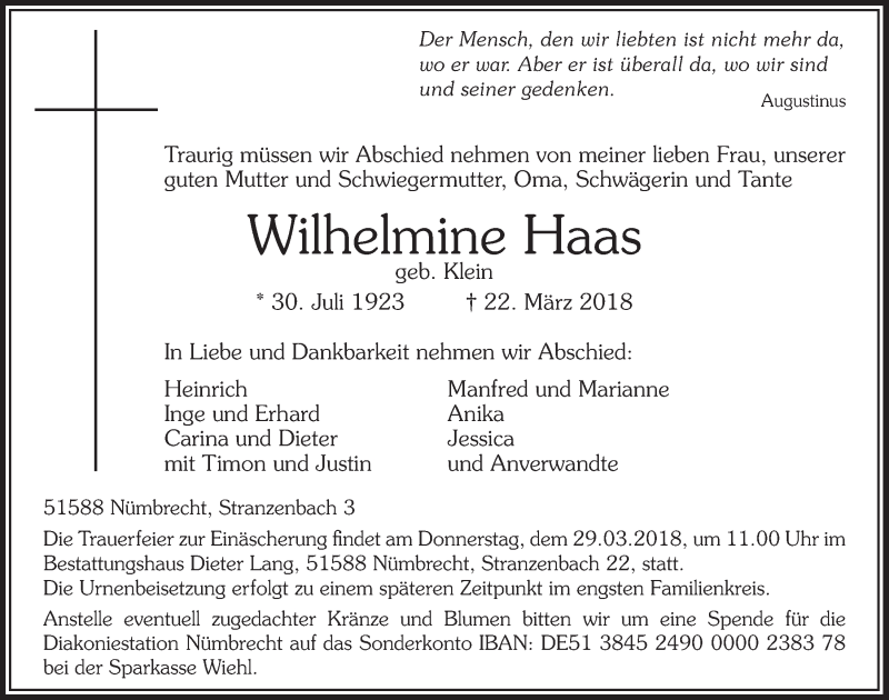  Traueranzeige für Wilhelmine Haas vom 28.03.2018 aus  Lokalanzeiger 