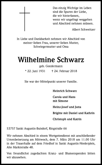Anzeige von Wilhelmine Schwarz von Kölner Stadt-Anzeiger / Kölnische Rundschau / Express