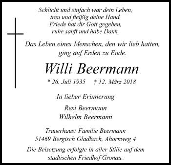 Anzeige von Willi Beermann von Kölner Stadt-Anzeiger / Kölnische Rundschau / Express