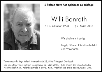 Anzeige von Willi Bonrath von Kölner Stadt-Anzeiger / Kölnische Rundschau / Express