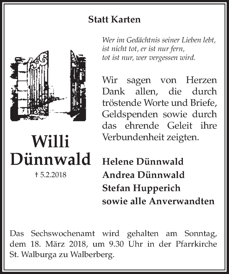  Traueranzeige für Willi Dünnwald vom 14.03.2018 aus  Schlossbote/Werbekurier 