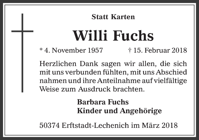  Traueranzeige für Willi Fuchs vom 14.03.2018 aus  Werbepost 