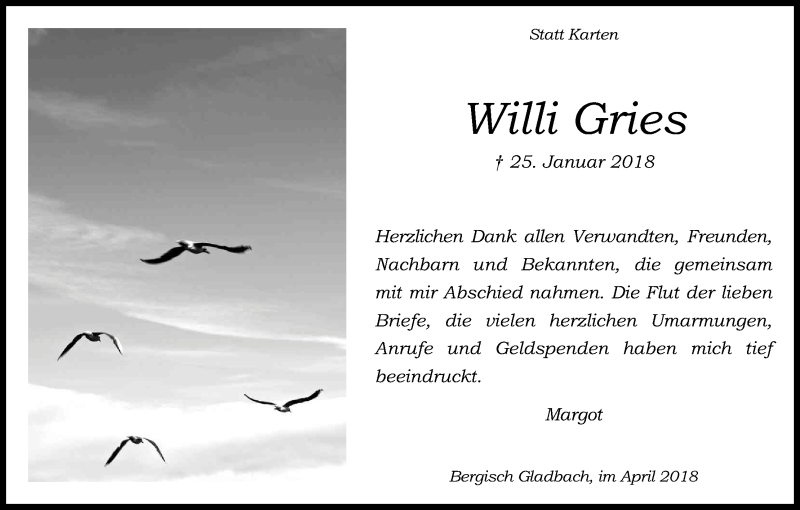 Traueranzeige für Willi Gries vom 31.03.2018 aus Kölner Stadt-Anzeiger / Kölnische Rundschau / Express