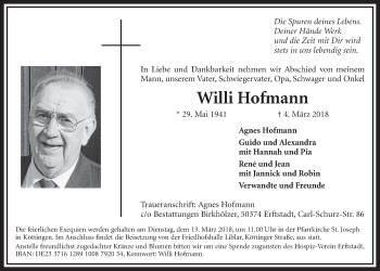 Anzeige von Willi Hofmann von  Sonntags-Post 