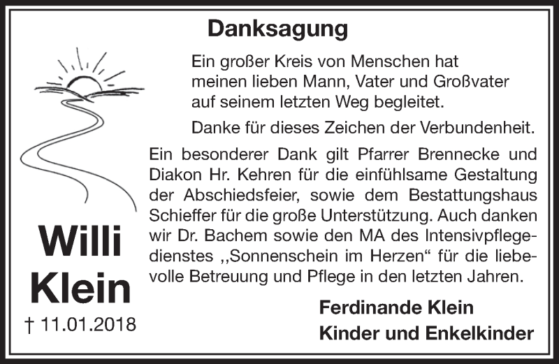  Traueranzeige für Willi Klein vom 03.03.2018 aus  Sonntags-Post 