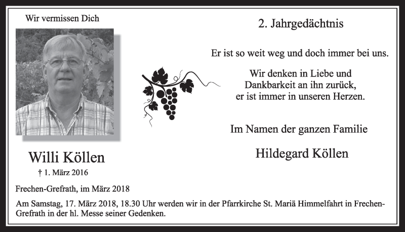  Traueranzeige für Willi Köllen vom 10.03.2018 aus  Sonntags-Post 
