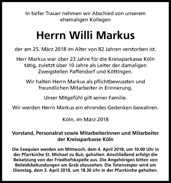 Anzeige von Willi Markus von Kölner Stadt-Anzeiger / Kölnische Rundschau / Express
