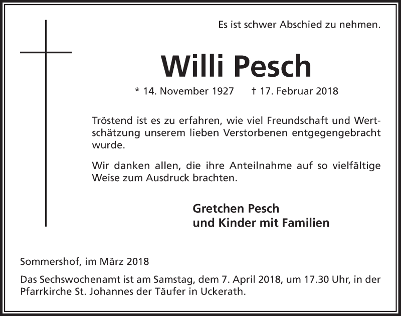  Traueranzeige für Willi Pesch vom 21.03.2018 aus  Extra Blatt 