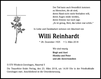 Anzeige von Willi Reinhardt von Kölner Stadt-Anzeiger / Kölnische Rundschau / Express