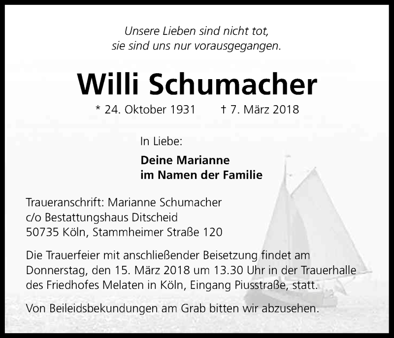  Traueranzeige für Willi Schumacher vom 10.03.2018 aus Kölner Stadt-Anzeiger / Kölnische Rundschau / Express