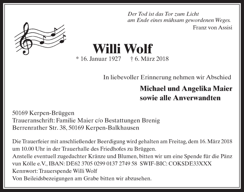  Traueranzeige für Willi Wolf vom 14.03.2018 aus  Werbepost 