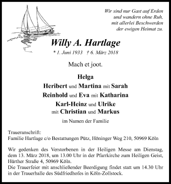 Anzeige von Willy  Hartlage von Kölner Stadt-Anzeiger / Kölnische Rundschau / Express