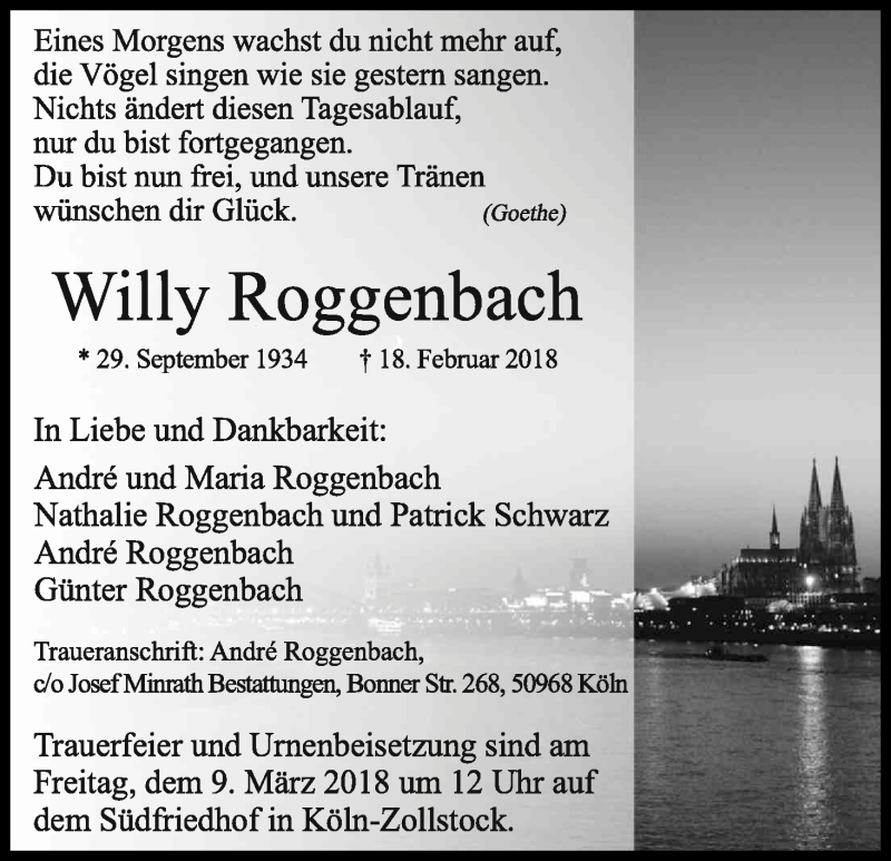  Traueranzeige für Willy Roggenbach vom 02.03.2018 aus Kölner Stadt-Anzeiger / Kölnische Rundschau / Express