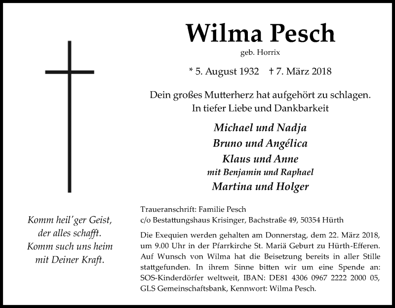  Traueranzeige für Wilma Pesch vom 17.03.2018 aus Kölner Stadt-Anzeiger / Kölnische Rundschau / Express