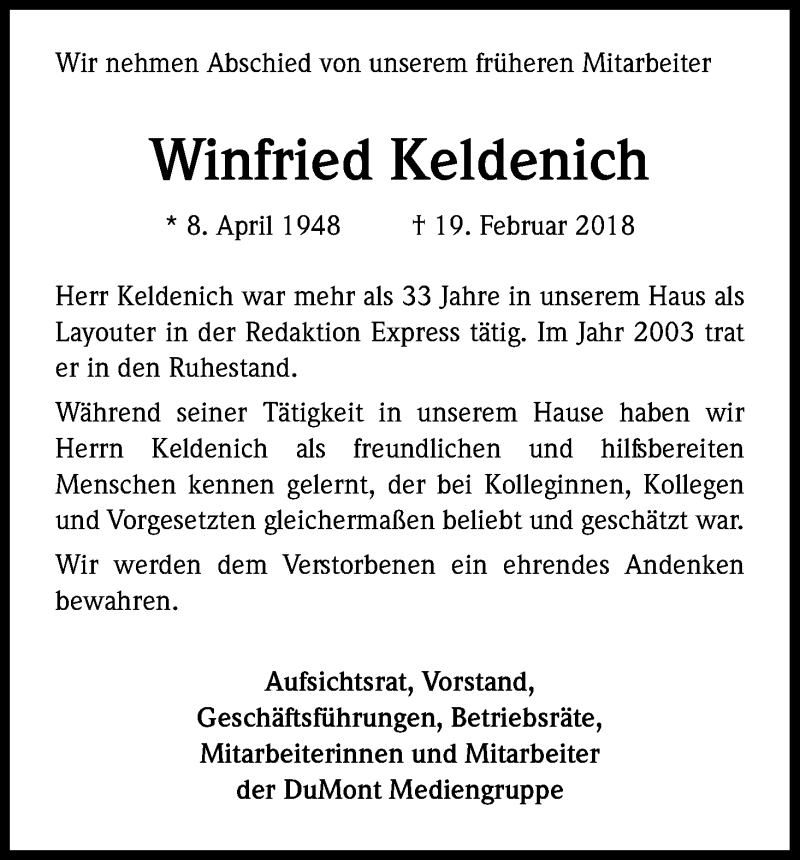  Traueranzeige für Winfried Keldenich vom 10.03.2018 aus Kölner Stadt-Anzeiger / Kölnische Rundschau / Express