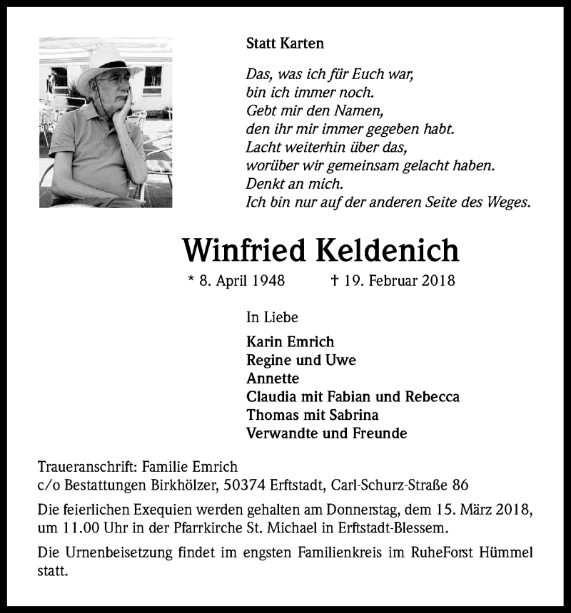  Traueranzeige für Winfried Keldenich vom 10.03.2018 aus Kölner Stadt-Anzeiger / Kölnische Rundschau / Express