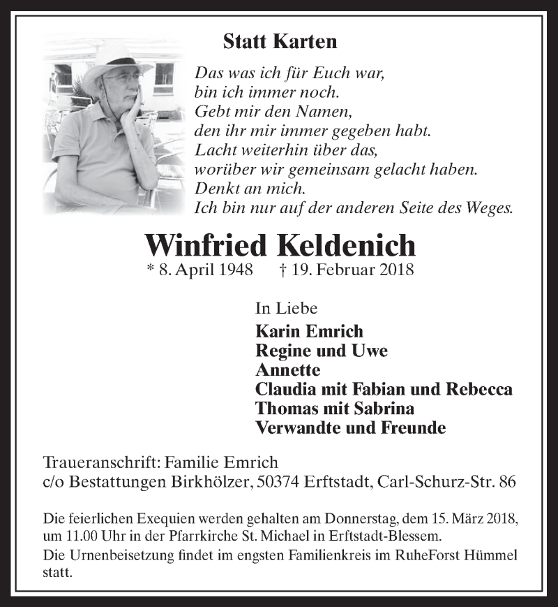  Traueranzeige für Winfried Keldenich vom 07.03.2018 aus  Werbepost 