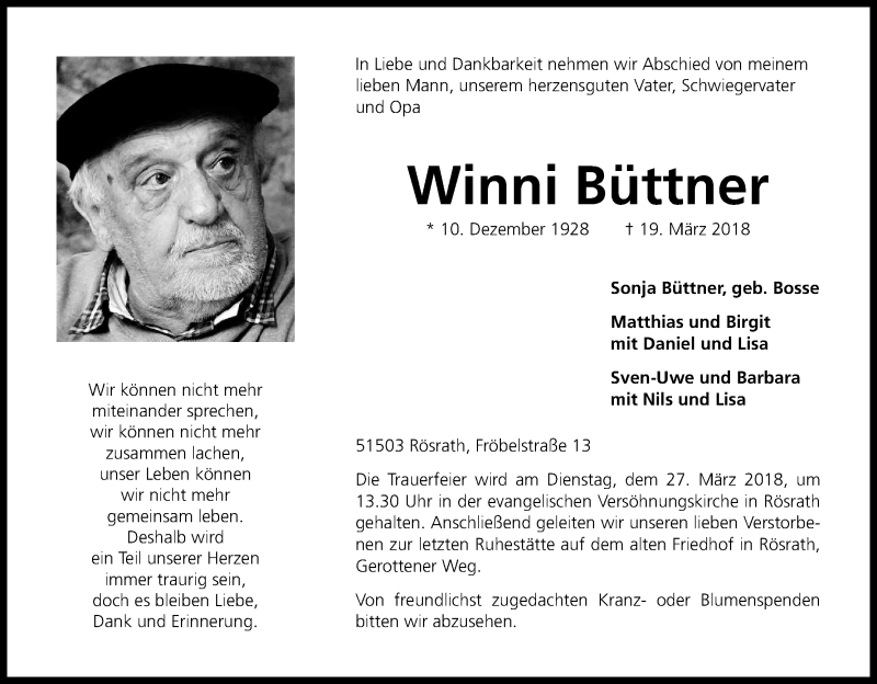  Traueranzeige für Winni Büttner vom 24.03.2018 aus Kölner Stadt-Anzeiger / Kölnische Rundschau / Express