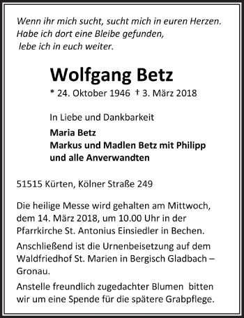 Anzeige von Wolfgang Betz von  Bergisches Sonntagsblatt 