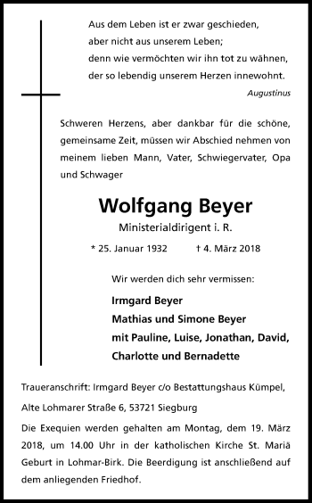 Anzeige von Wolfgang Beyer von Kölner Stadt-Anzeiger / Kölnische Rundschau / Express