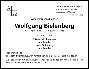 Anzeige von Wolfgang Bielenberg von Kölner Stadt-Anzeiger / Kölnische Rundschau / Express