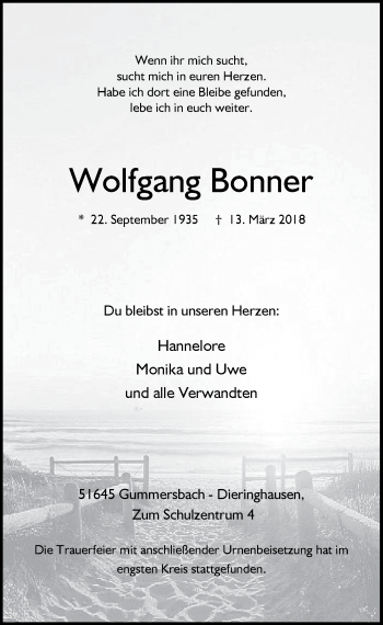 Anzeige von Wolfgang Bonner von  Anzeigen Echo 