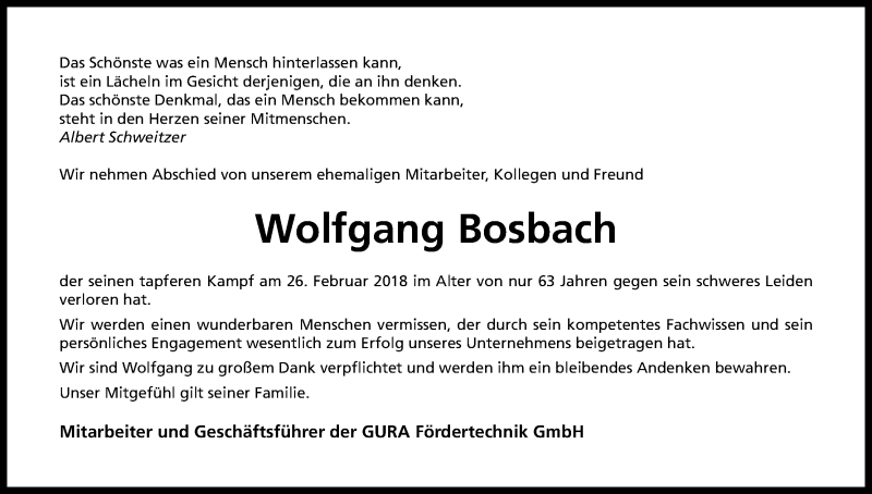  Traueranzeige für Wolfgang Bosbach vom 03.03.2018 aus Kölner Stadt-Anzeiger / Kölnische Rundschau / Express