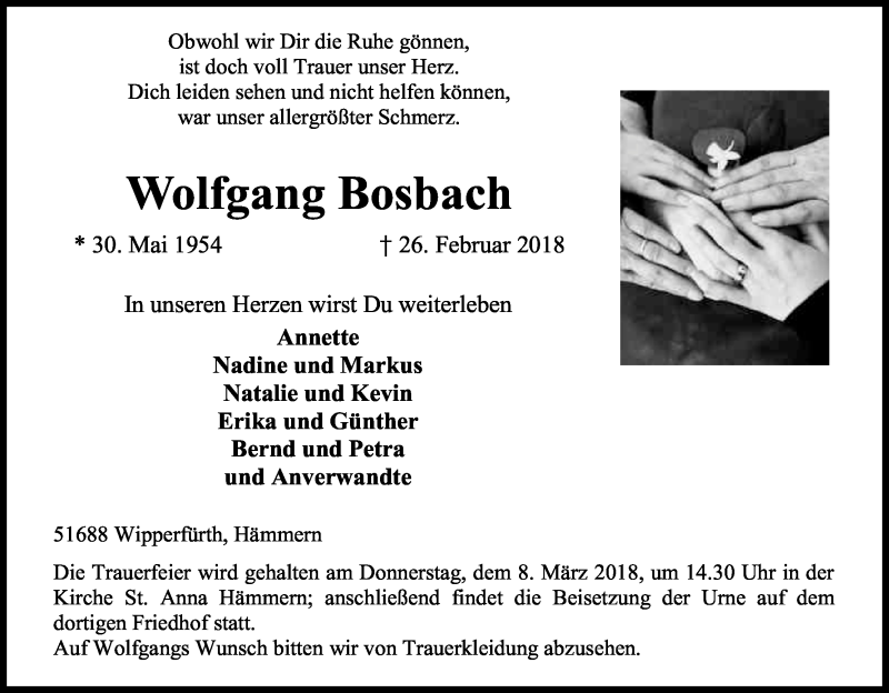  Traueranzeige für Wolfgang Bosbach vom 03.03.2018 aus Kölner Stadt-Anzeiger / Kölnische Rundschau / Express