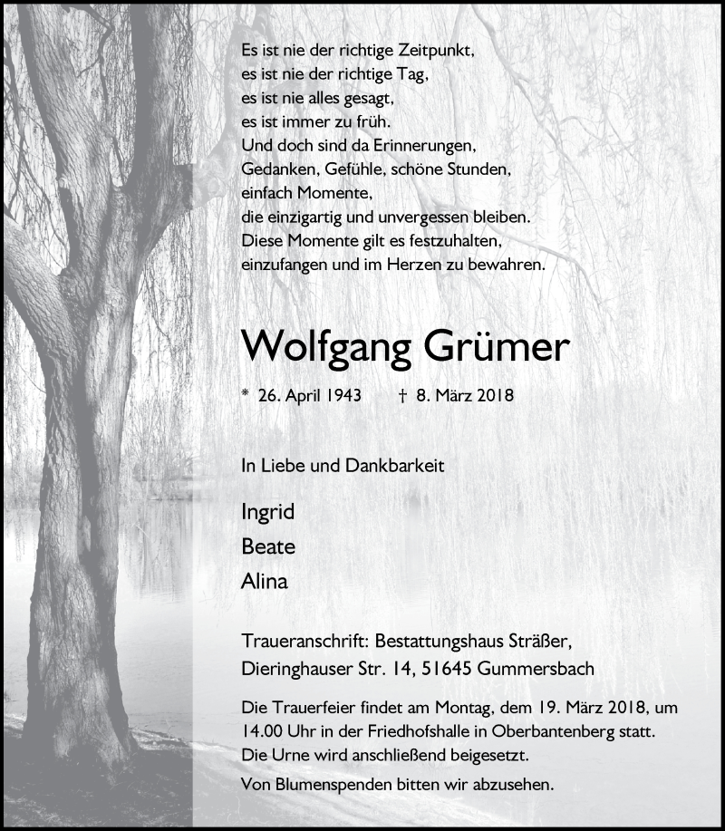  Traueranzeige für Wolfgang Grümer vom 14.03.2018 aus  Anzeigen Echo 