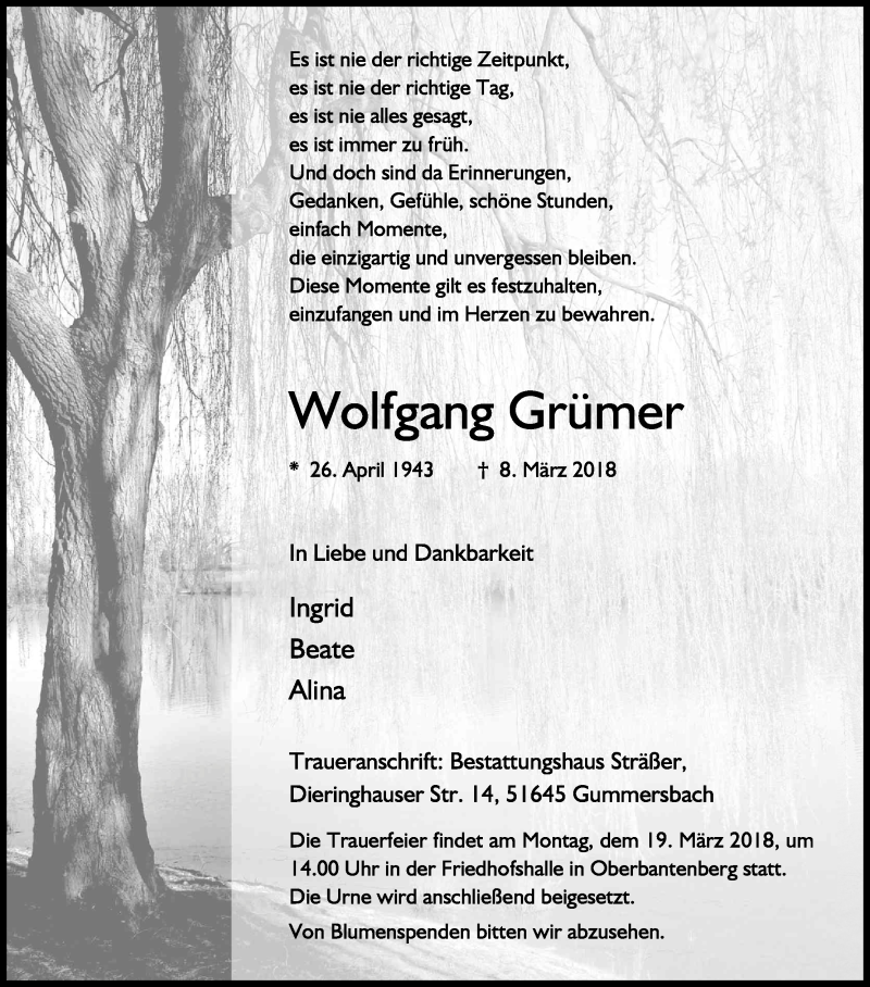  Traueranzeige für Wolfgang Grümer vom 16.03.2018 aus Kölner Stadt-Anzeiger / Kölnische Rundschau / Express