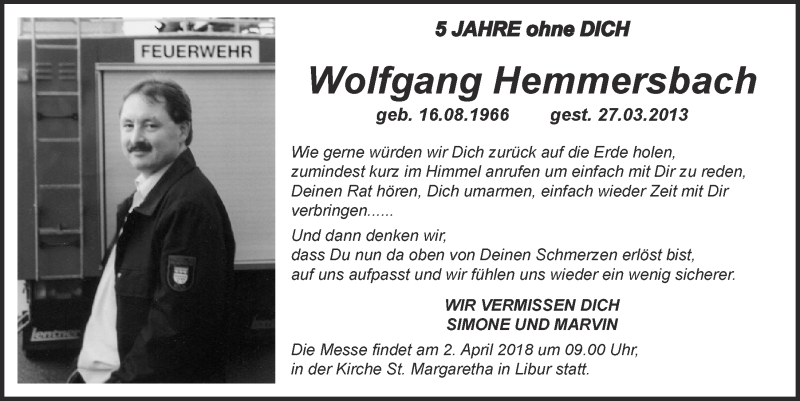  Traueranzeige für Wolfgang Hemmersbach vom 28.03.2018 aus  Kölner Wochenspiegel 
