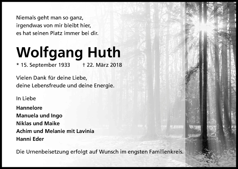  Traueranzeige für Wolfgang Huth vom 31.03.2018 aus Kölner Stadt-Anzeiger / Kölnische Rundschau / Express