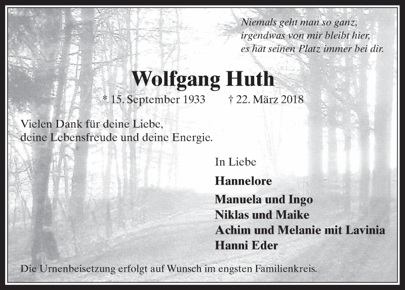  Traueranzeige für Wolfgang Huth vom 28.03.2018 aus  Werbepost 