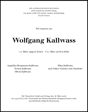 Anzeige von Wolfgang Kallwass von Kölner Stadt-Anzeiger / Kölnische Rundschau / Express