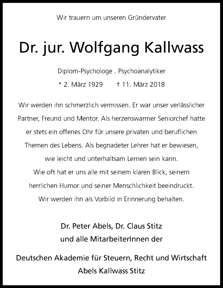  Traueranzeige für Wolfgang Kallwass vom 14.03.2018 aus Kölner Stadt-Anzeiger / Kölnische Rundschau / Express