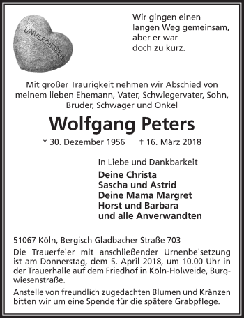 Anzeige von Wolfgang Peters von  Kölner Wochenspiegel 