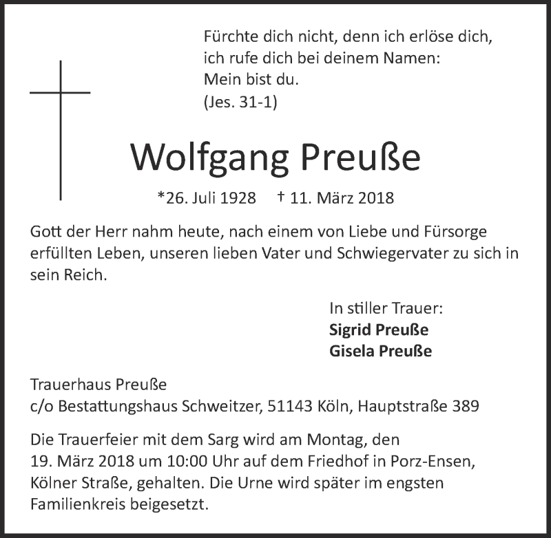  Traueranzeige für Wolfgang Preuße vom 14.03.2018 aus  Kölner Wochenspiegel 