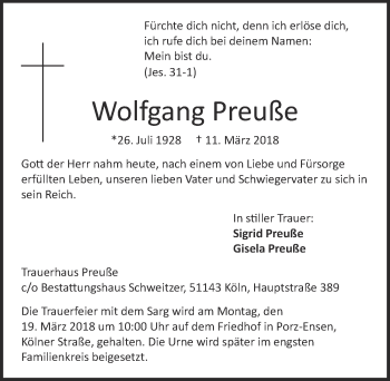 Anzeige von Wolfgang Preuße von  Kölner Wochenspiegel 