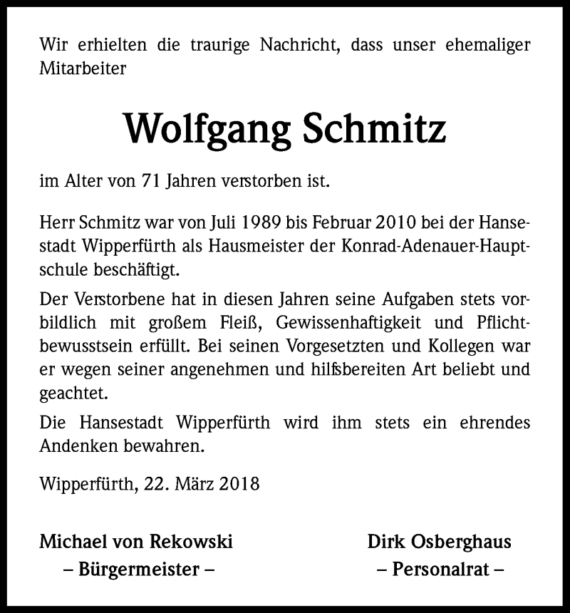  Traueranzeige für Wolfgang Schmitz vom 23.03.2018 aus Kölner Stadt-Anzeiger / Kölnische Rundschau / Express