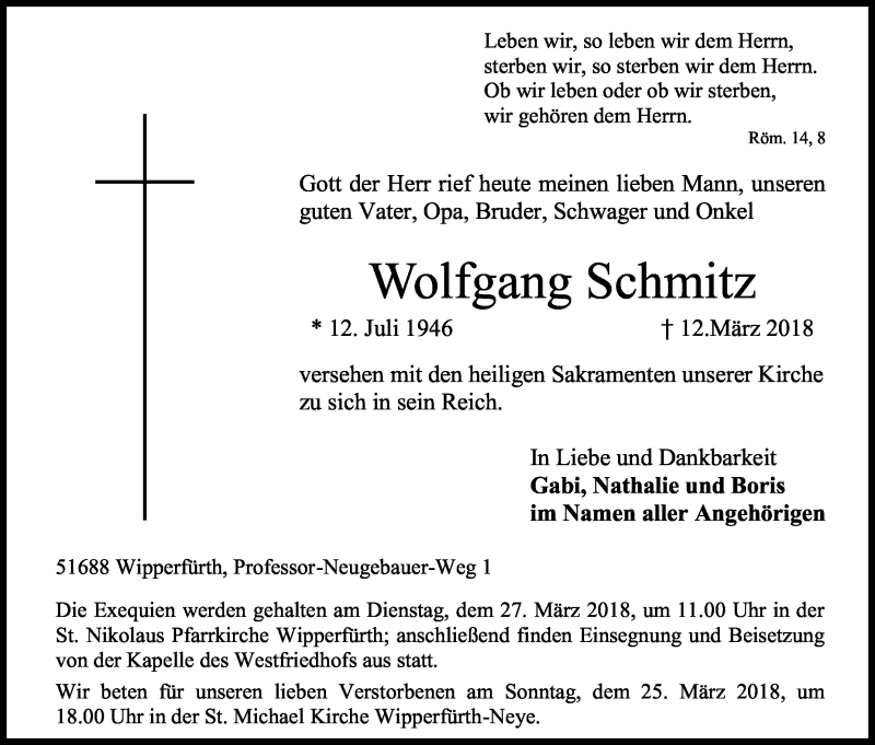  Traueranzeige für Wolfgang Schmitz vom 17.03.2018 aus Kölner Stadt-Anzeiger / Kölnische Rundschau / Express