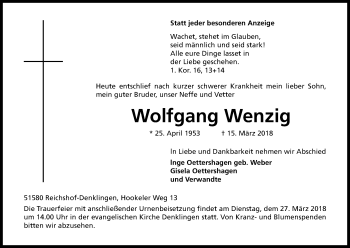 Anzeige von Wolfgang Wenzig von Kölner Stadt-Anzeiger / Kölnische Rundschau / Express
