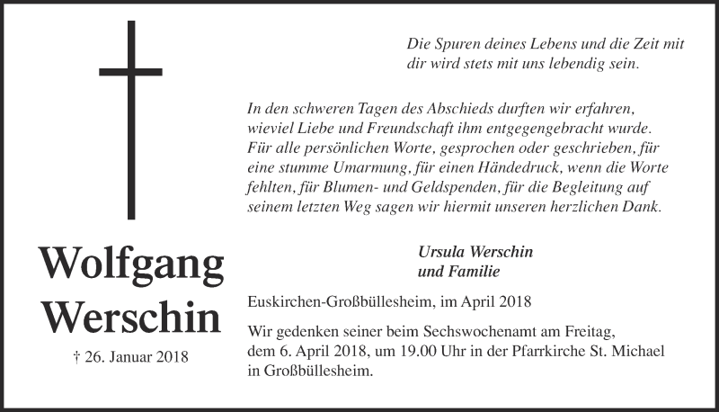  Traueranzeige für Wolfgang Werschin vom 31.03.2018 aus  Blickpunkt Euskirchen 