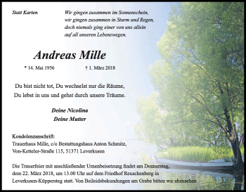 Anzeige von andreas Mille von Kölner Stadt-Anzeiger / Kölnische Rundschau / Express
