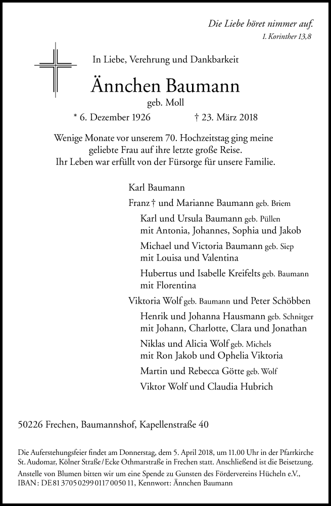  Traueranzeige für Ännchen Baumann vom 31.03.2018 aus Kölner Stadt-Anzeiger / Kölnische Rundschau / Express