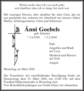 Anzeige von Änni Goebels von  Schlossbote/Werbekurier 