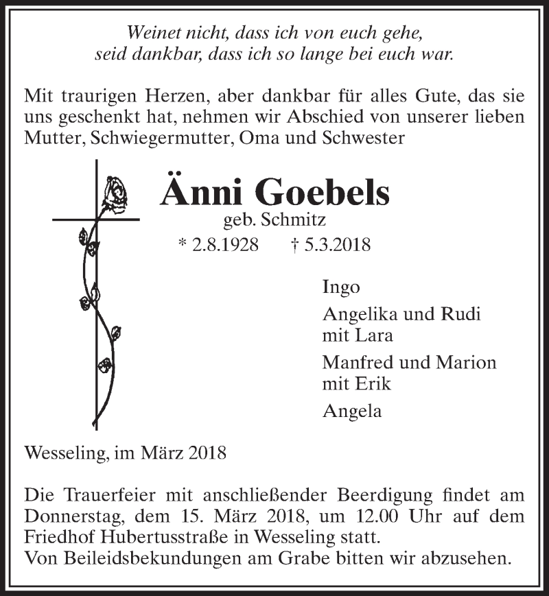  Traueranzeige für Änni Goebels vom 14.03.2018 aus  Schlossbote/Werbekurier 